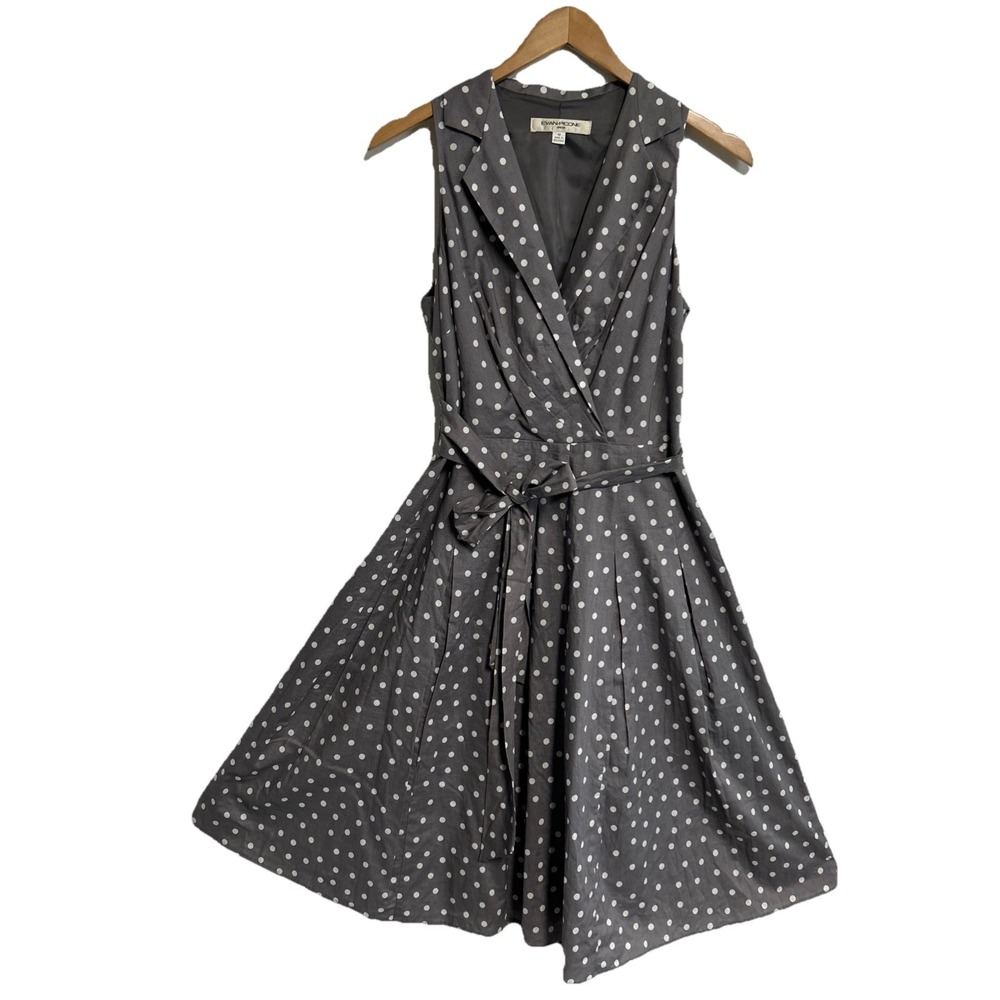 Evan Picone Women's 10 Gray White Polka Dot‎ Dress Belted Sleeveless Collar Zip